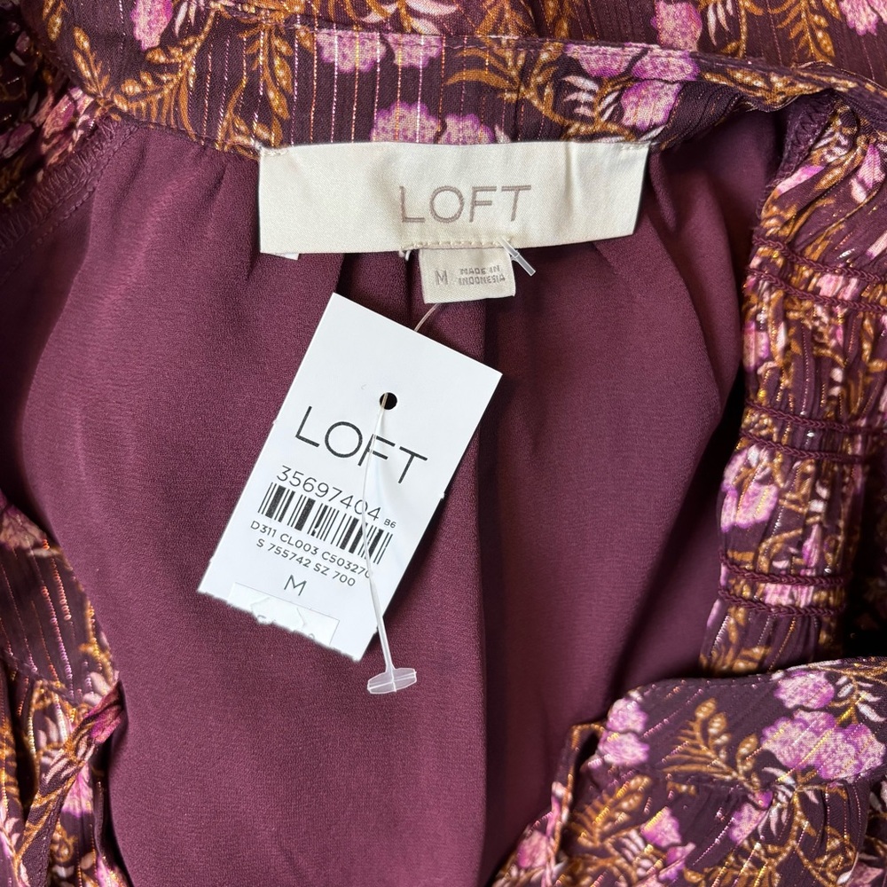 Loft Top Medium Burgundy Floral Lined V-Neck Tie Front Long Sleeve Blouse - Picture 8 of 11